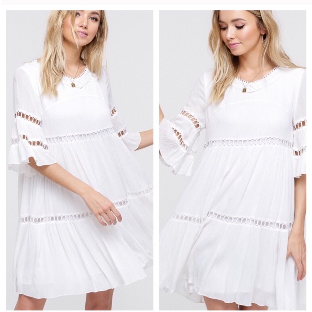 Bell sleeve ruffle crochet detail babydoll dress - Picture 5 of 7